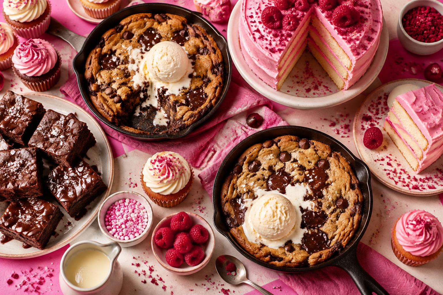 A colourful spread of cookie dough, cake, brownies and cupcakes
